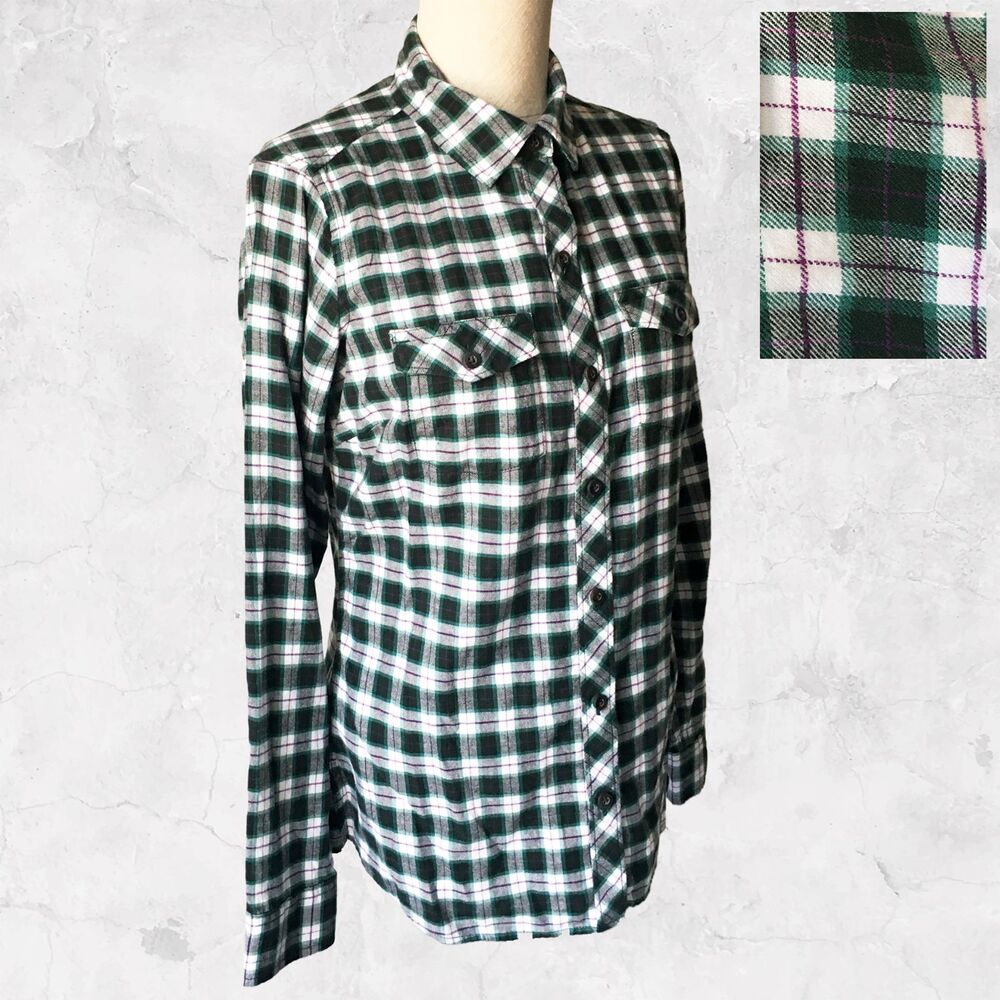 Eddie Bauer Plaid Flannel Shirt Women's Small Green Classic Fit Long Sleeve